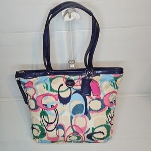 Vintage COACH F24450 Ikat Sateen Nylon Tote Navy Blue Patent Trim
